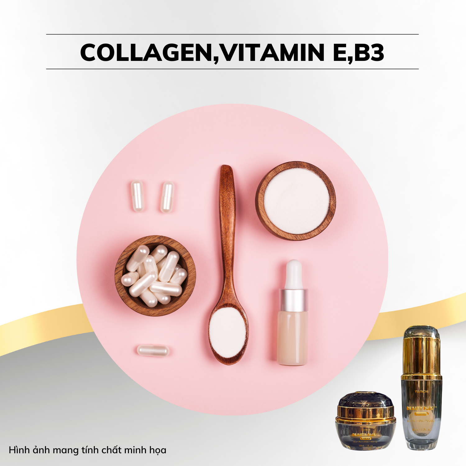 Collagen, vitamin E, vitamin B3